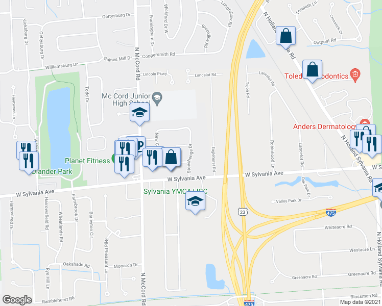 map of restaurants, bars, coffee shops, grocery stores, and more near 4099 Stonehenge Drive in Sylvania