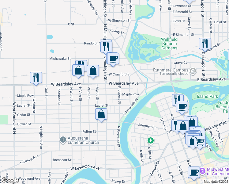 map of restaurants, bars, coffee shops, grocery stores, and more near 619 West Beardsley Avenue in Elkhart