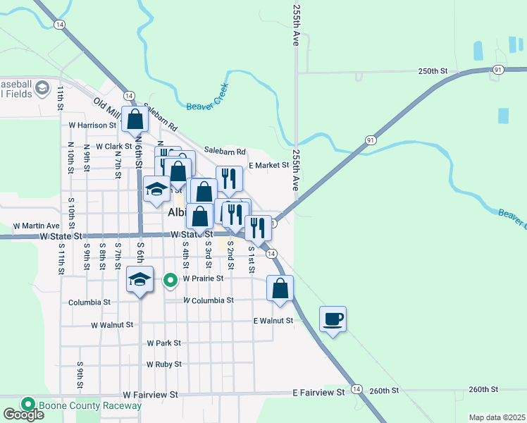 map of restaurants, bars, coffee shops, grocery stores, and more near East Church Street in Albion
