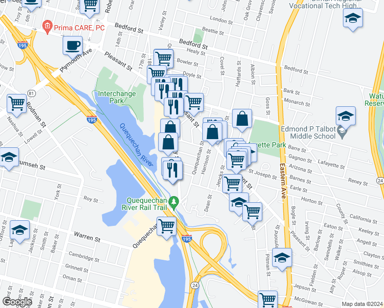 map of restaurants, bars, coffee shops, grocery stores, and more near 168 Quequechan Street in Fall River