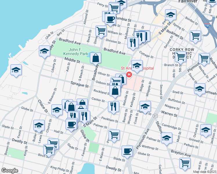 map of restaurants, bars, coffee shops, grocery stores, and more near 128 Osborn Street in Fall River