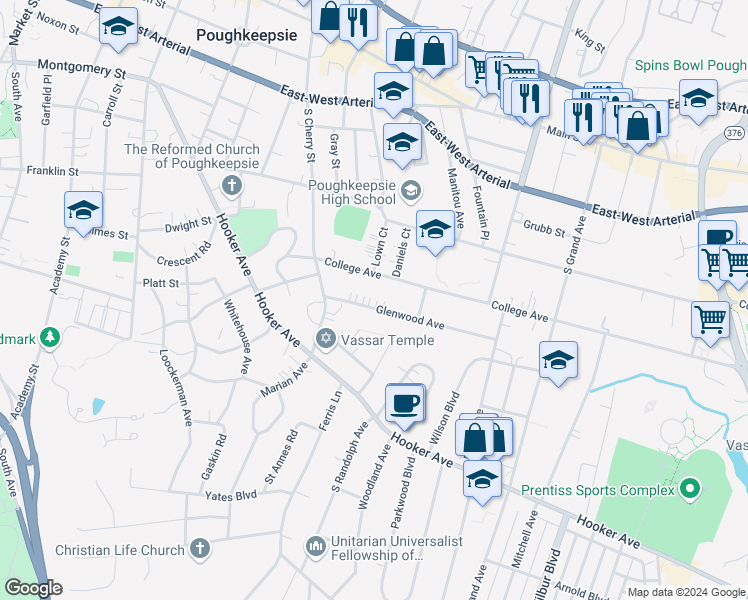 map of restaurants, bars, coffee shops, grocery stores, and more near 22 College Avenue in Poughkeepsie