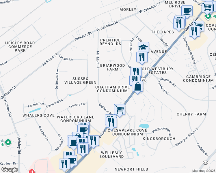 map of restaurants, bars, coffee shops, grocery stores, and more near 100 Chatham Drive in Painesville