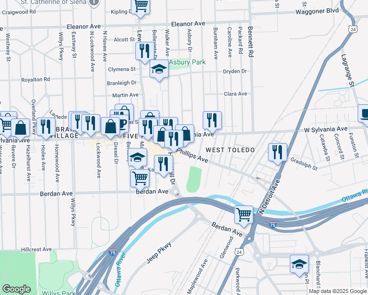 map of restaurants, bars, coffee shops, grocery stores, and more near 747 West Sylvania Avenue in Toledo