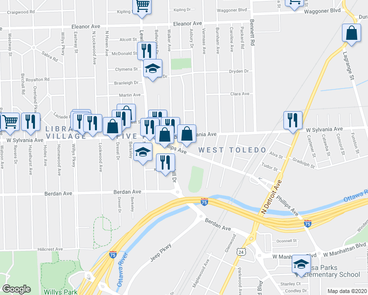 map of restaurants, bars, coffee shops, grocery stores, and more near 747 West Sylvania Avenue in Toledo