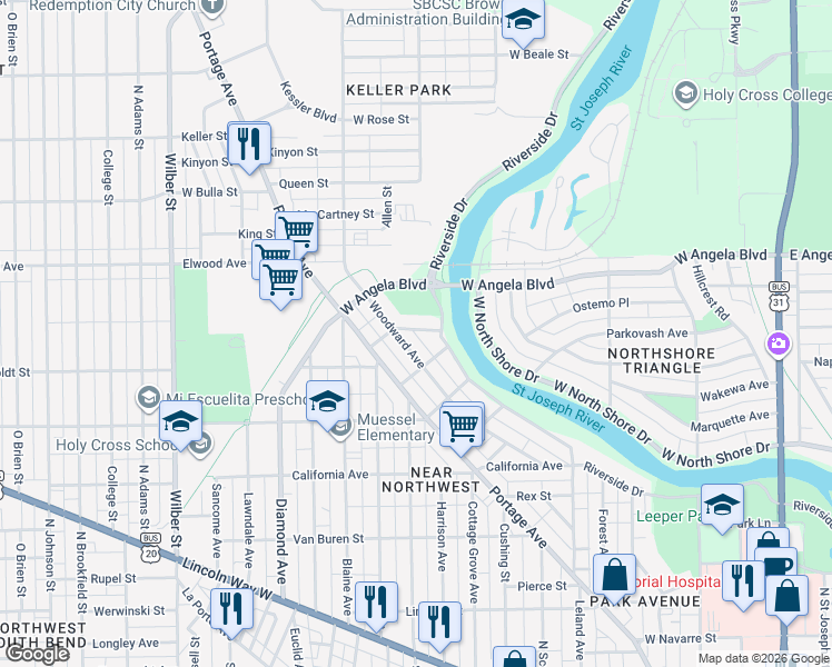 map of restaurants, bars, coffee shops, grocery stores, and more near in South Bend