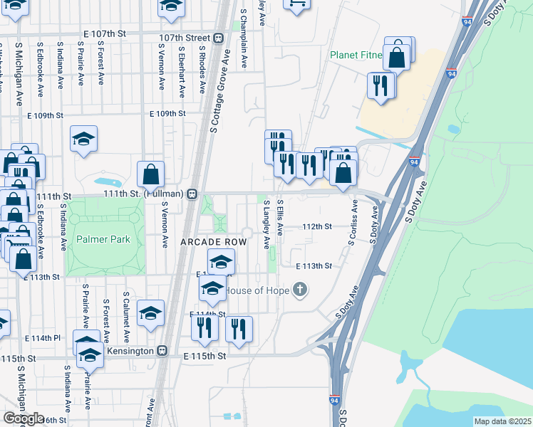 map of restaurants, bars, coffee shops, grocery stores, and more near 657 East 111th Street in Chicago