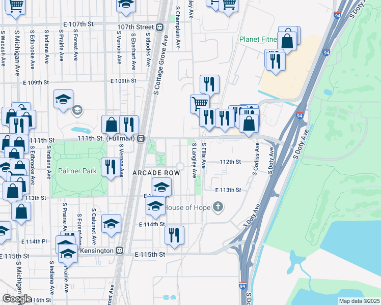 map of restaurants, bars, coffee shops, grocery stores, and more near 657 East 111th Street in Chicago