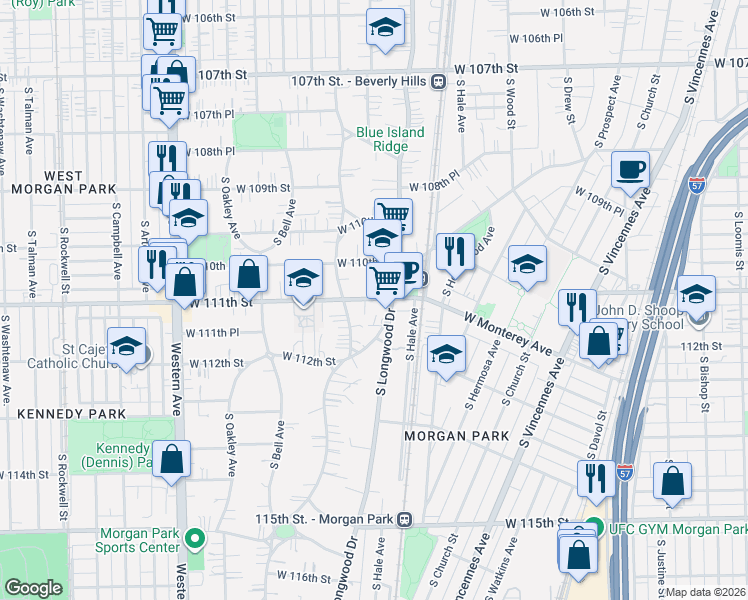 map of restaurants, bars, coffee shops, grocery stores, and more near 11070 South Longwood Drive in Chicago