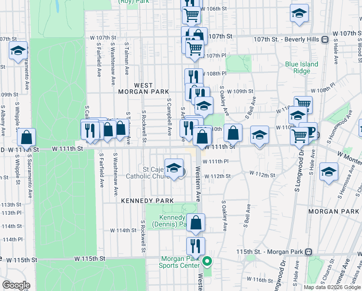 map of restaurants, bars, coffee shops, grocery stores, and more near 11021 South Artesian Avenue in Chicago