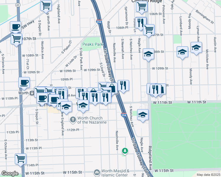 map of restaurants, bars, coffee shops, grocery stores, and more near 10935 South Lloyd Drive in Worth