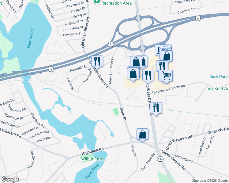 map of restaurants, bars, coffee shops, grocery stores, and more near 552 Main Street in Dennis