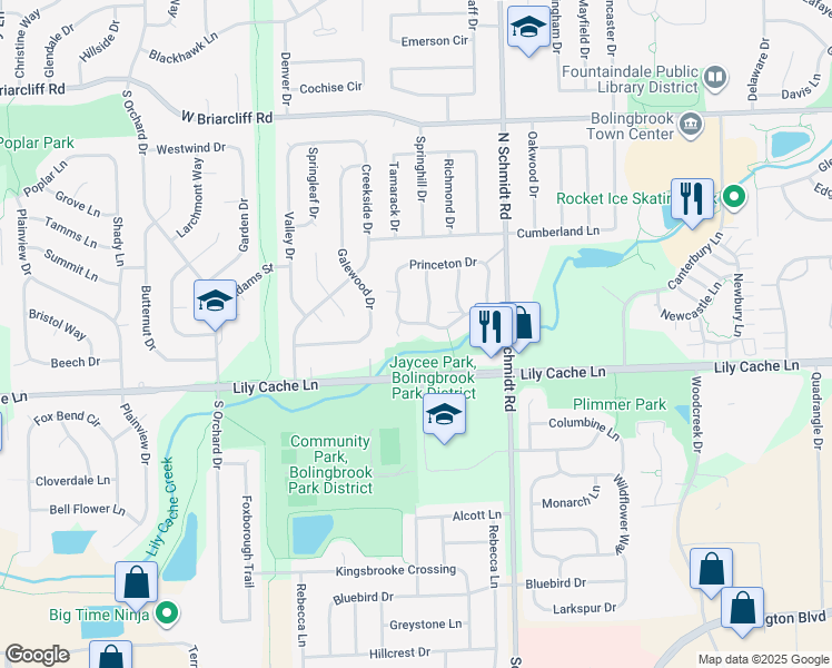 map of restaurants, bars, coffee shops, grocery stores, and more near 225 Radcliff Drive in Bolingbrook