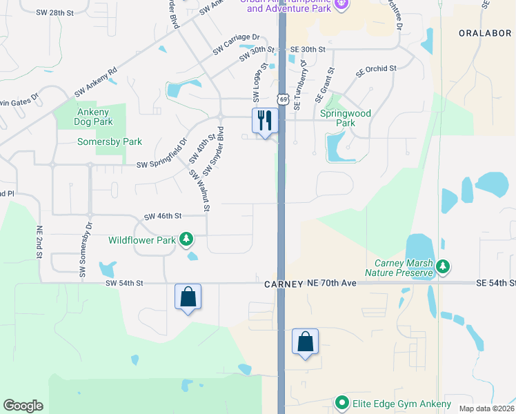 map of restaurants, bars, coffee shops, grocery stores, and more near 1300 Northeast 72nd Avenue in Ankeny