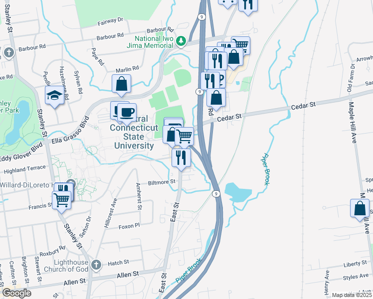 map of restaurants, bars, coffee shops, grocery stores, and more near 1461 East Street in New Britain
