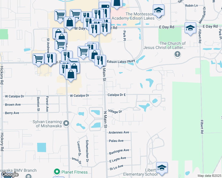 map of restaurants, bars, coffee shops, grocery stores, and more near 3428 North Main Street in Mishawaka