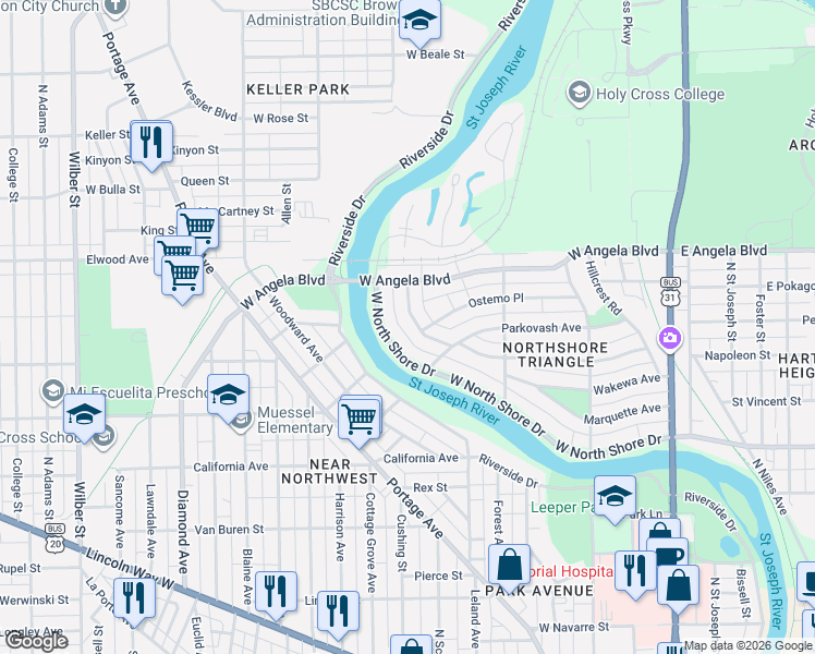 map of restaurants, bars, coffee shops, grocery stores, and more near 751 Marquette Avenue in South Bend