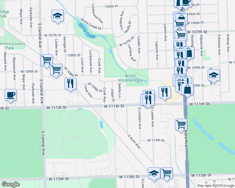 map of restaurants, bars, coffee shops, grocery stores, and more near 5105 Deblin Lane in Oak Lawn