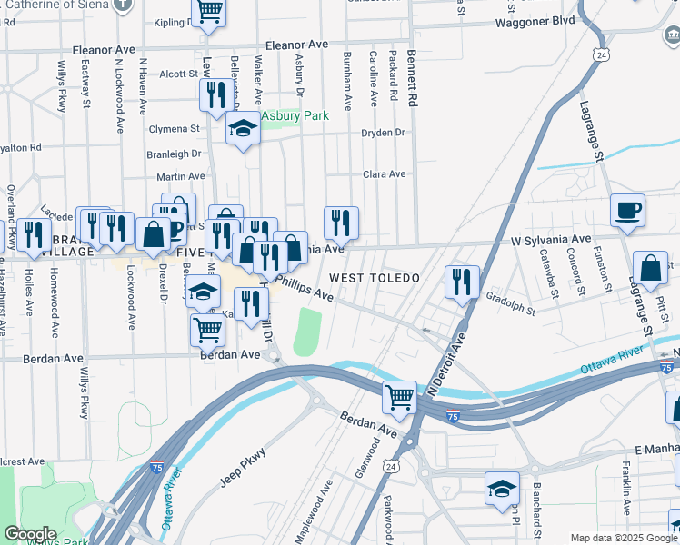map of restaurants, bars, coffee shops, grocery stores, and more near 3931 Burnham Avenue in Toledo