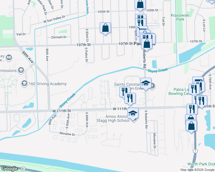 map of restaurants, bars, coffee shops, grocery stores, and more near 10936 Valley Court in Palos Hills