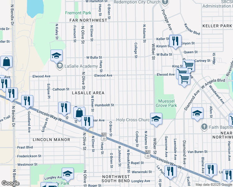 map of restaurants, bars, coffee shops, grocery stores, and more near 1322 North Johnson Street in South Bend