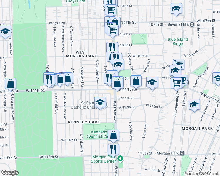 map of restaurants, bars, coffee shops, grocery stores, and more near 11021 South Artesian Avenue in Chicago