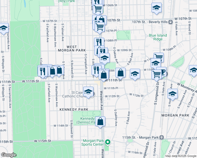 map of restaurants, bars, coffee shops, grocery stores, and more near 2404 West 111th Street in Chicago