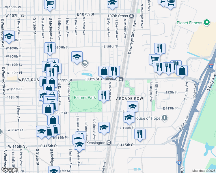 map of restaurants, bars, coffee shops, grocery stores, and more near 11122 South Vernon Avenue in Chicago