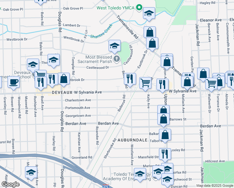map of restaurants, bars, coffee shops, grocery stores, and more near 2151 West Sylvania Avenue in Toledo