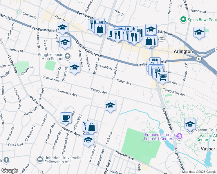 map of restaurants, bars, coffee shops, grocery stores, and more near 57 South Grand Avenue in Poughkeepsie