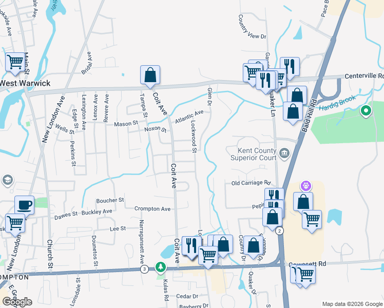 map of restaurants, bars, coffee shops, grocery stores, and more near 45 Lockwood Street in West Warwick