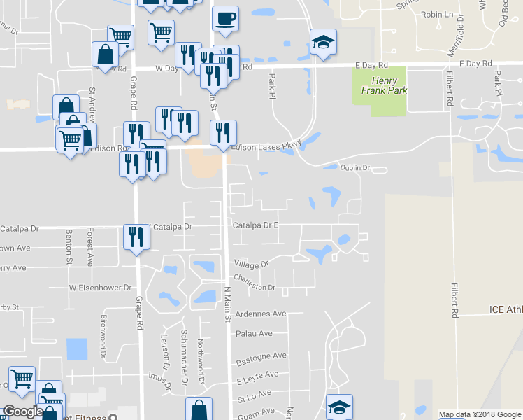 map of restaurants, bars, coffee shops, grocery stores, and more near 201 Portsmouth Court in Mishawaka