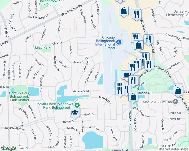 map of restaurants, bars, coffee shops, grocery stores, and more near 241 Butte View Drive in Bolingbrook
