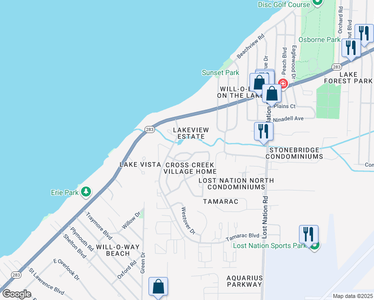 map of restaurants, bars, coffee shops, grocery stores, and more near 38147 North Brooks Drive in Willoughby