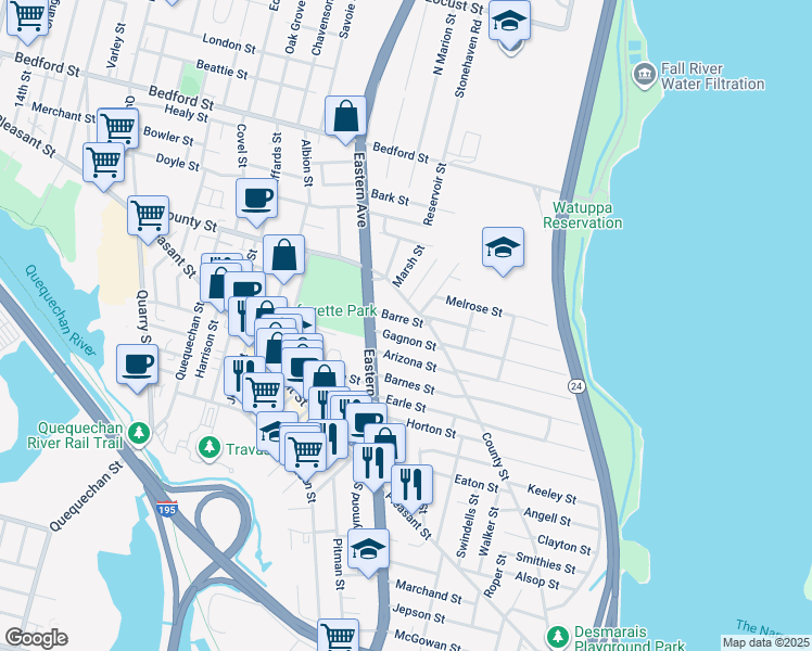 map of restaurants, bars, coffee shops, grocery stores, and more near 8 Concord Street in Fall River