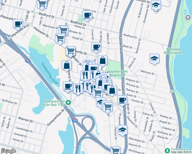 map of restaurants, bars, coffee shops, grocery stores, and more near 139 Thomas Street in Fall River