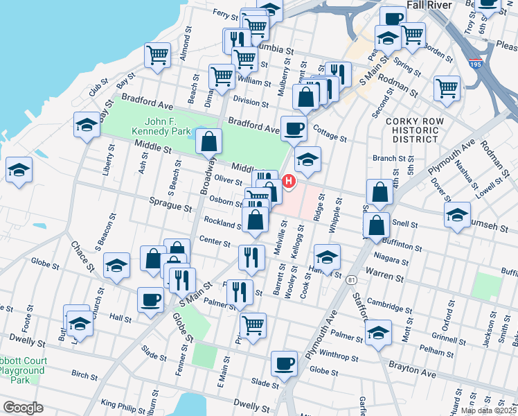 map of restaurants, bars, coffee shops, grocery stores, and more near in Fall River