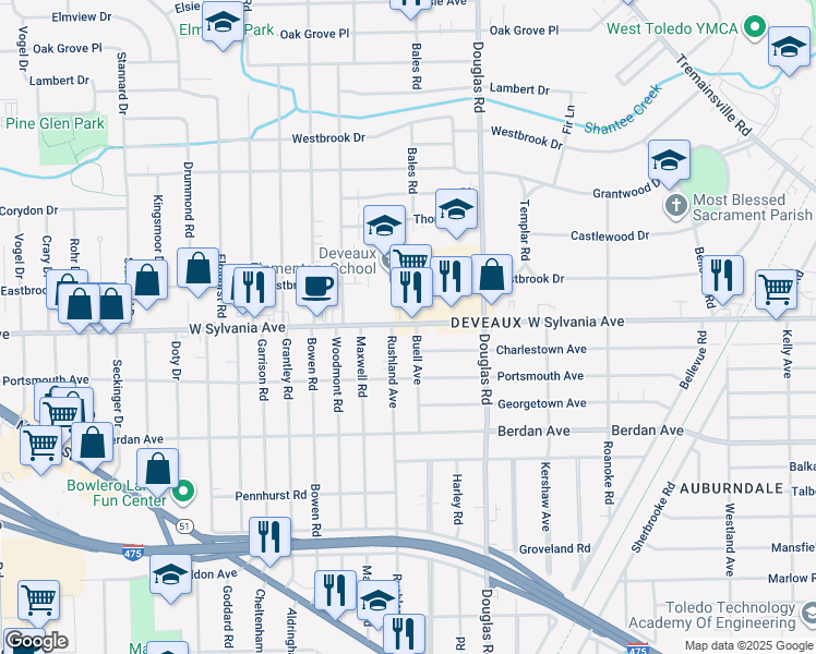 map of restaurants, bars, coffee shops, grocery stores, and more near 2600 West Sylvania Avenue in Toledo