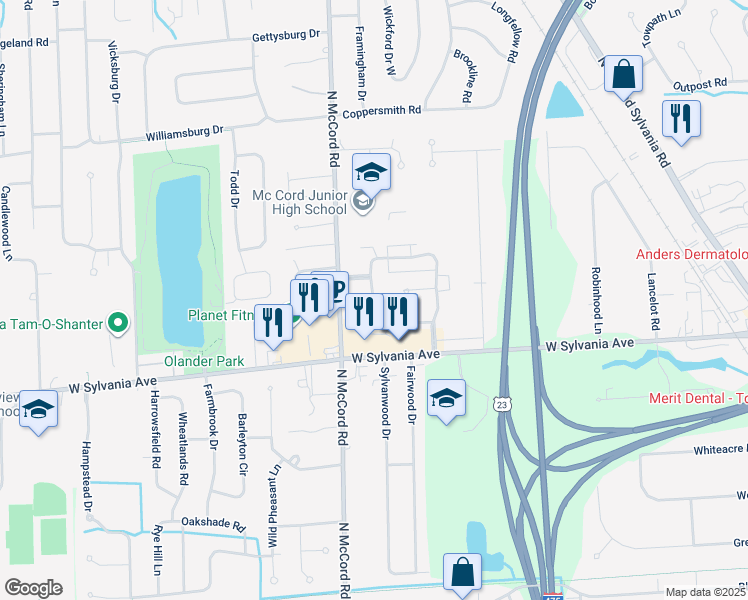 map of restaurants, bars, coffee shops, grocery stores, and more near 6556 Abbey Run in Sylvania