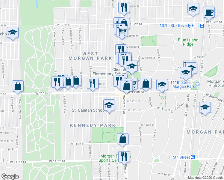 map of restaurants, bars, coffee shops, grocery stores, and more near 11021 South Artesian Avenue in Chicago