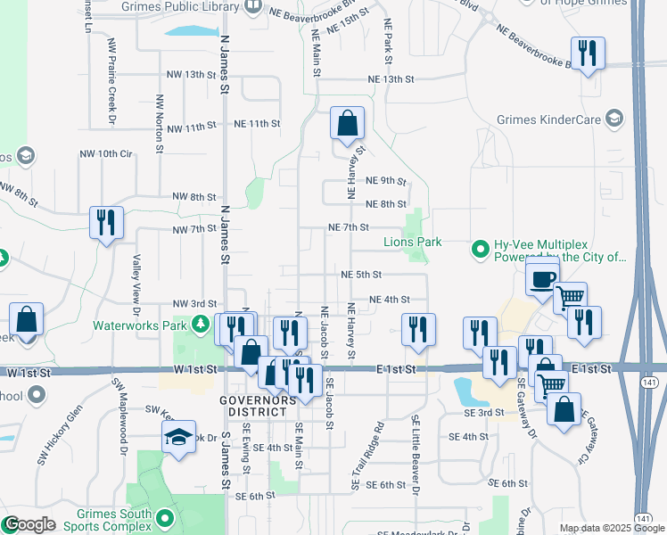 map of restaurants, bars, coffee shops, grocery stores, and more near 512 Northeast Harvey Street in Grimes