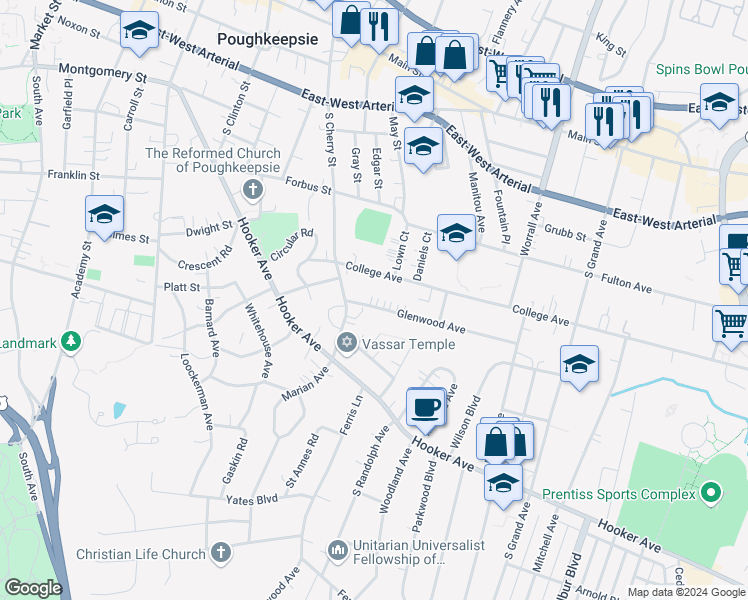 map of restaurants, bars, coffee shops, grocery stores, and more near 11 Glenwood Avenue in Poughkeepsie
