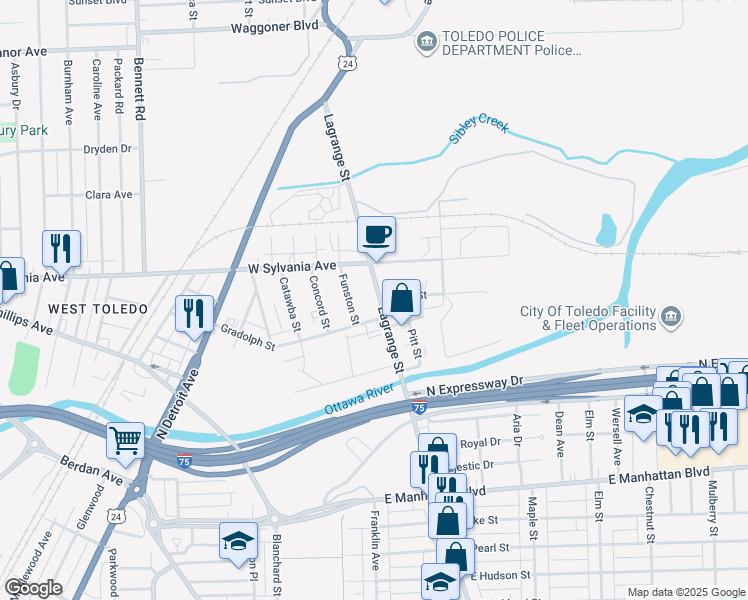 map of restaurants, bars, coffee shops, grocery stores, and more near 3921 Lagrange Street in Toledo