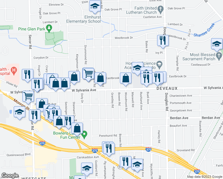 map of restaurants, bars, coffee shops, grocery stores, and more near 4000 Grantley Road in Toledo