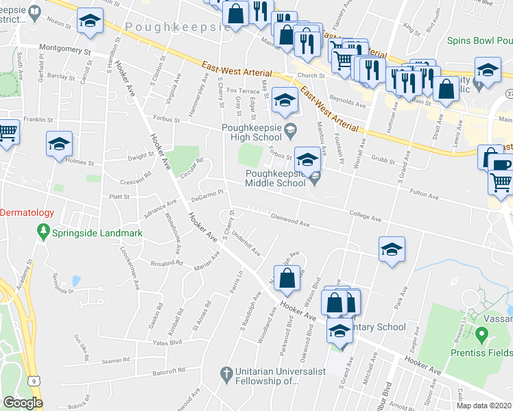 map of restaurants, bars, coffee shops, grocery stores, and more near 15 Glenwood Avenue in Poughkeepsie
