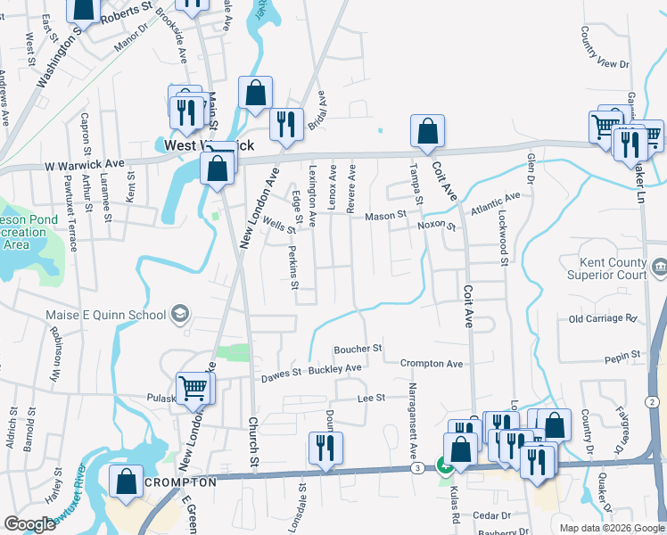 map of restaurants, bars, coffee shops, grocery stores, and more near 1 Ridge Street in West Warwick