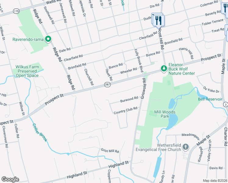 map of restaurants, bars, coffee shops, grocery stores, and more near 350 Prospect Street in Wethersfield