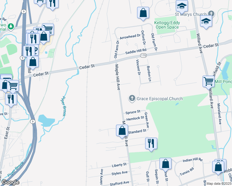 map of restaurants, bars, coffee shops, grocery stores, and more near 79 Maple Hill Avenue in Newington