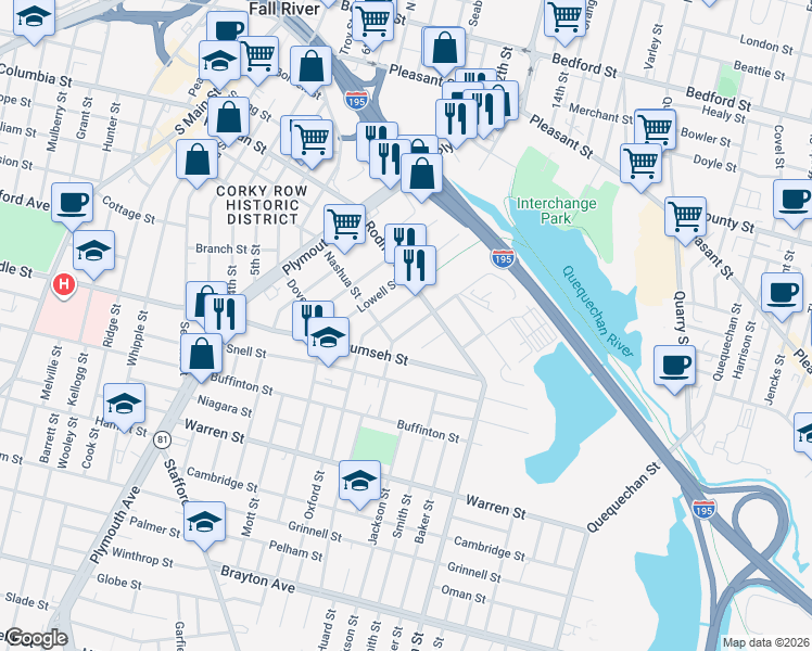 map of restaurants, bars, coffee shops, grocery stores, and more near 65 Manchester Street in Fall River