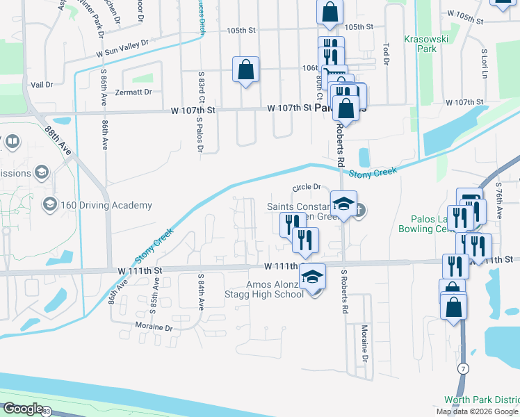 map of restaurants, bars, coffee shops, grocery stores, and more near 8208 Cobblestone Drive in Palos Hills